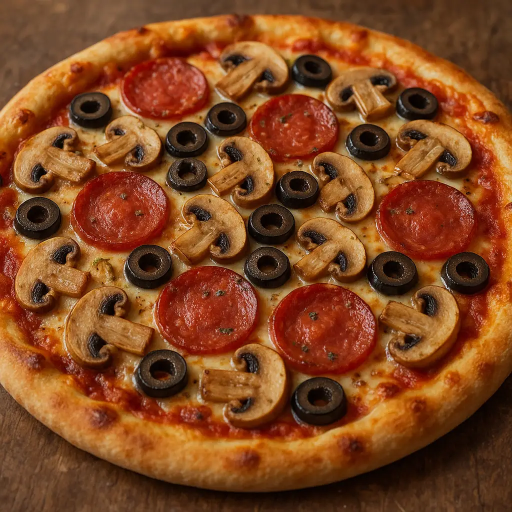 Домашна пица с колбас, гъби и маслини